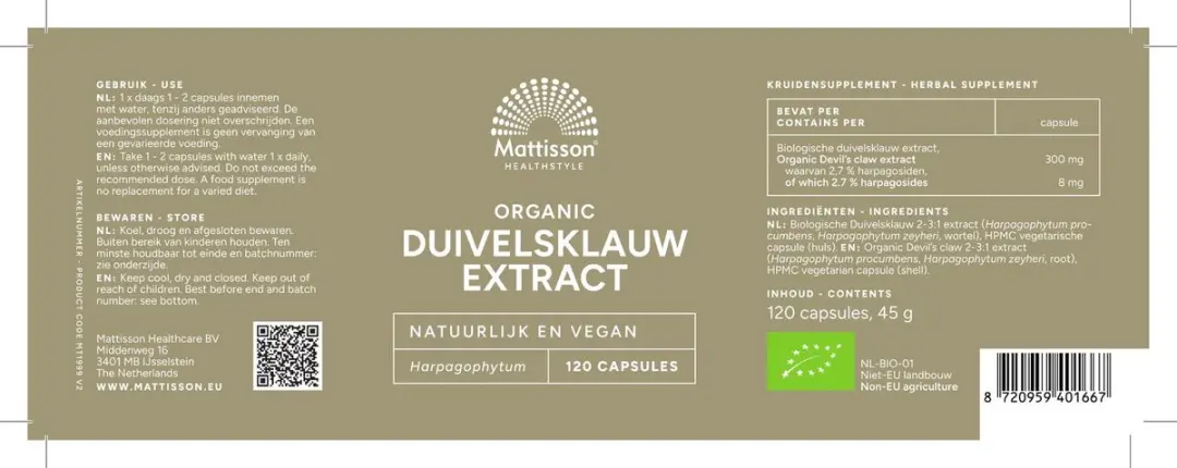 Mattisson Biologisch Duivelsklauw Extract 120 Capsules