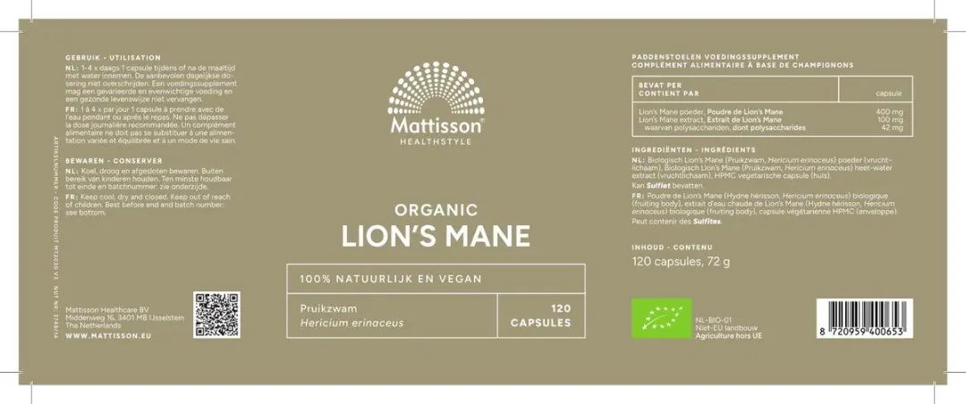 Mattisson Biologische Lion's Mane 500mg - 120 Capsules