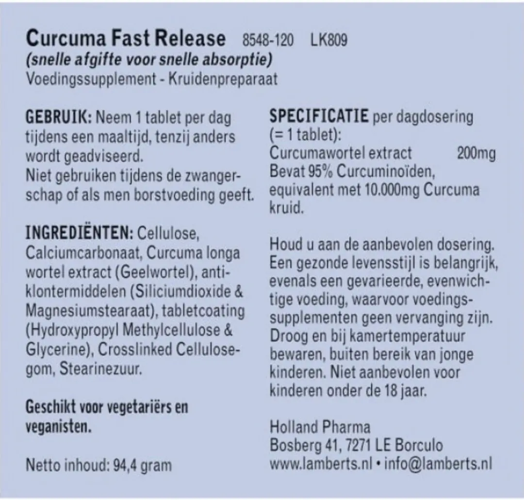 Lamberts Curcuma Fast Release 120 Tabletten - 120mg