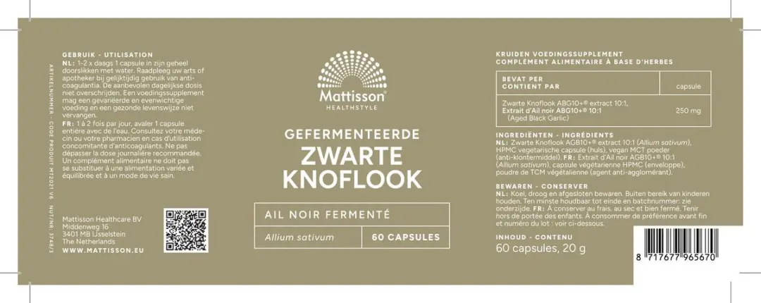 Mattisson Zwarte Knoflook Capsules ABG10+ 250mg - 60 Stuks