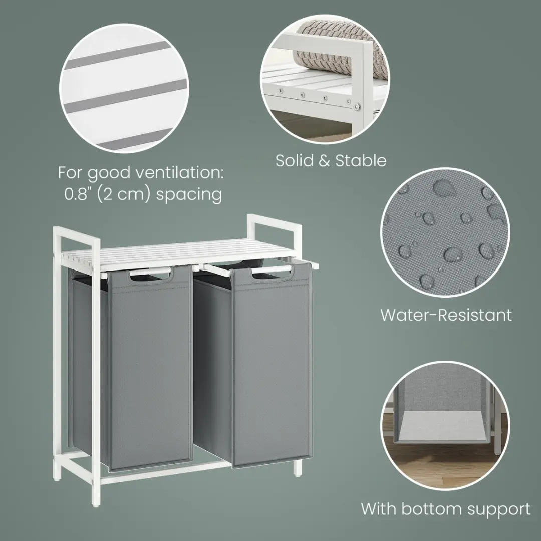 Songmics Wasmand Grijs/Wit 2x46L - 2 Vakken met Zakken