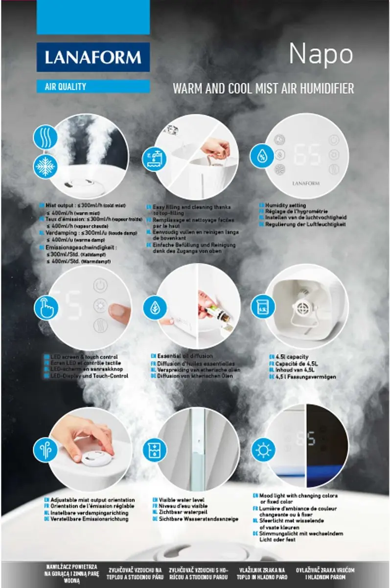 Lanaform Napo Luchtbevochtiger 4.5L - Hygrometer - Aroma Diffuser - Wit