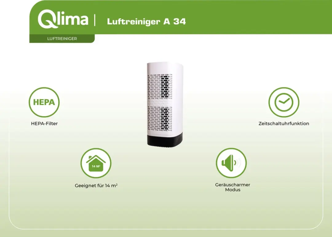Qlima A34 Luchtreiniger 32W - 4 Snelheden - Wit/Zwart