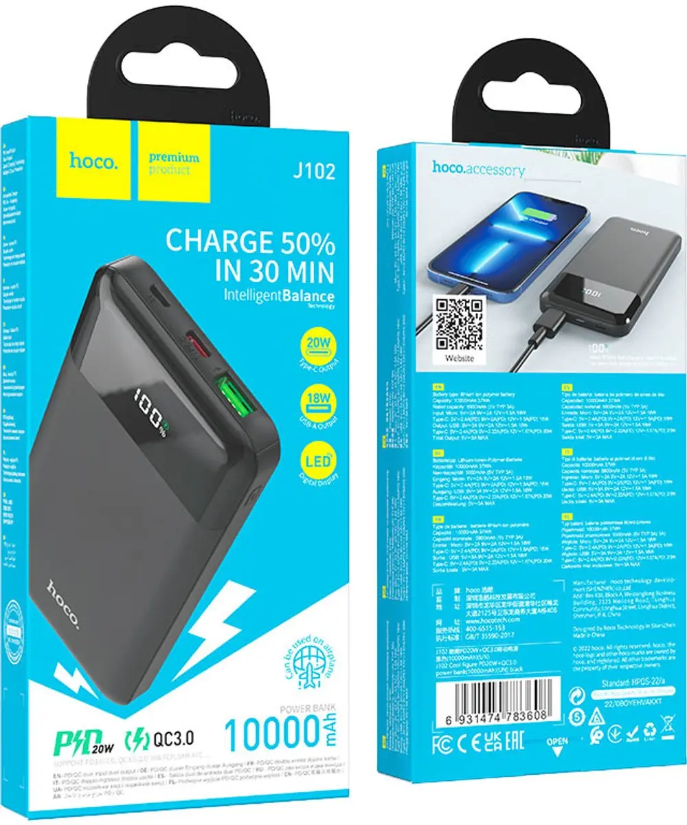 Hoco J102B Powerbank 10.000mAh - 20W PD - Zwart - afbeelding 6 van 6