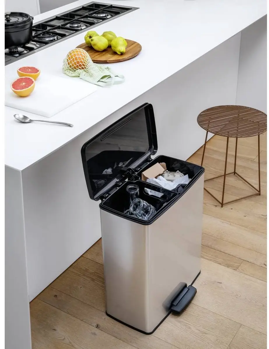 Curver Deco Bin Slim 254619 Afvalbak 52L - 2 Vakken - Zilver/Zwart