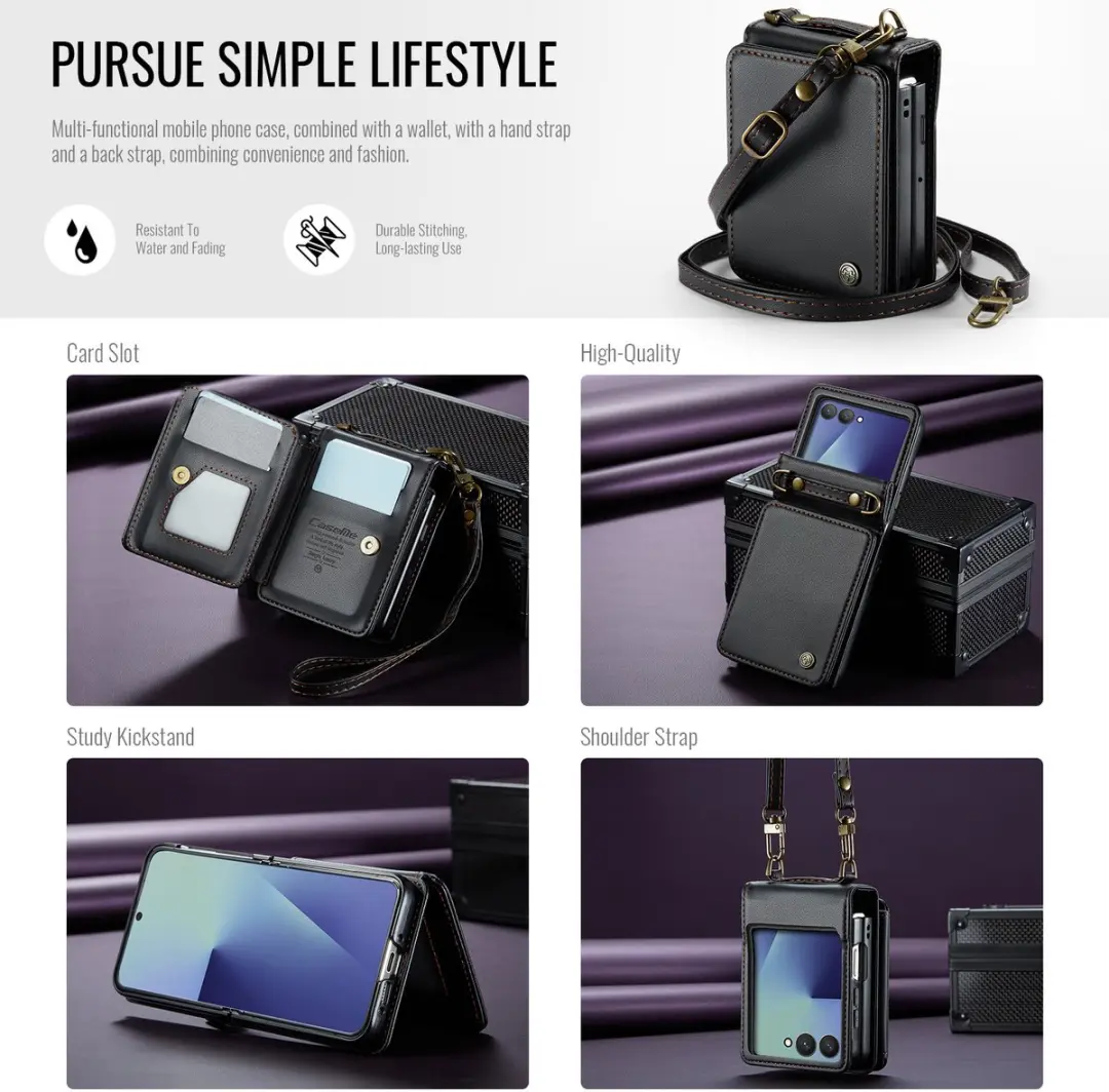 Caseme Samsung Galaxy Z Flip 7 PU Backcover - Zwart - 5 Kaarthouder