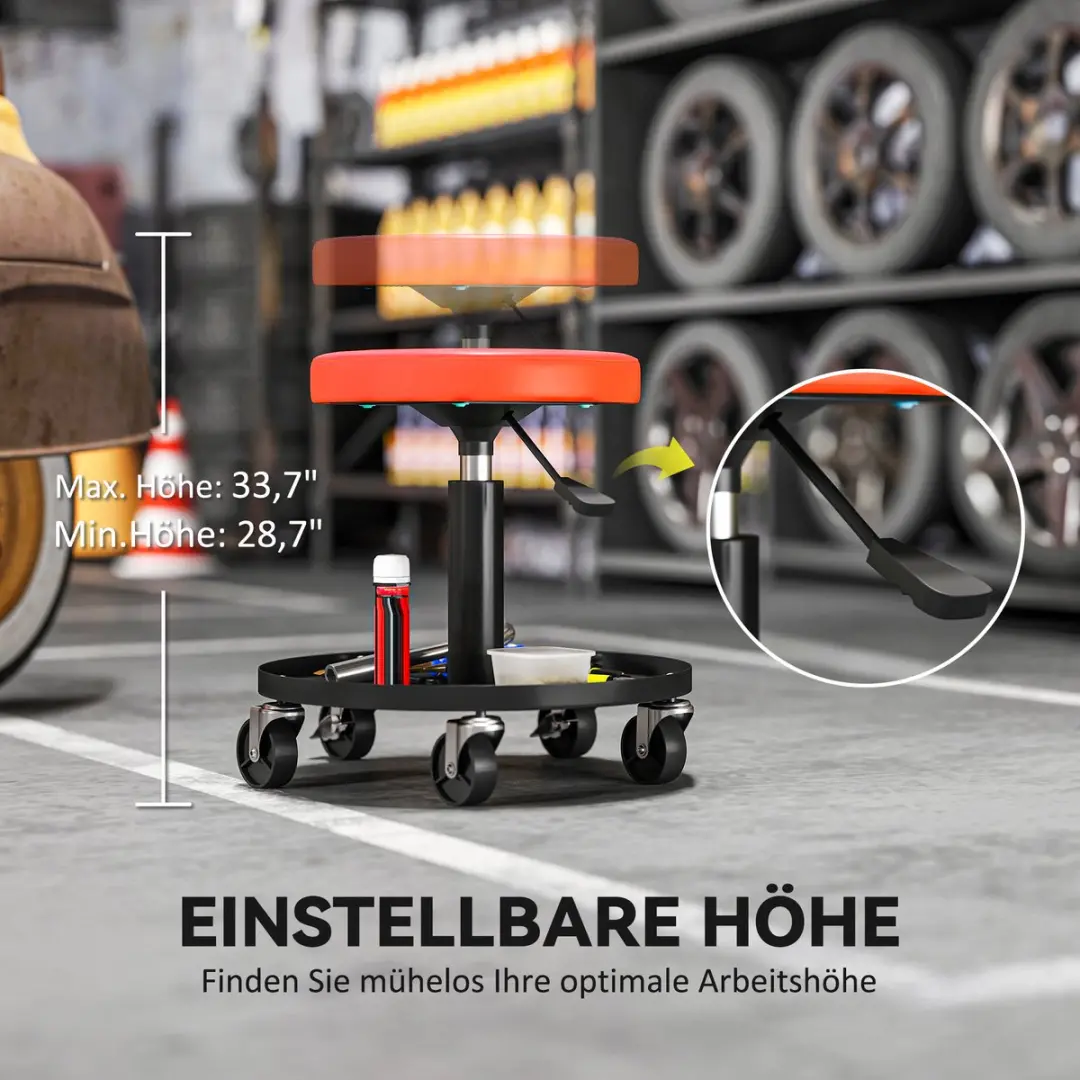 Homcom Monteurskruk Rolstoel - Staal/Kunstleer 38x38-50cm - Oranje