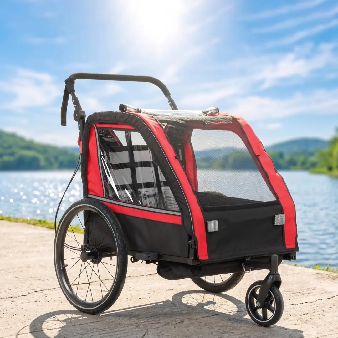ECTEATOY KinderFietskar & Wandelwagen 2-in-1 - 2 Zitplaatsen - Rood