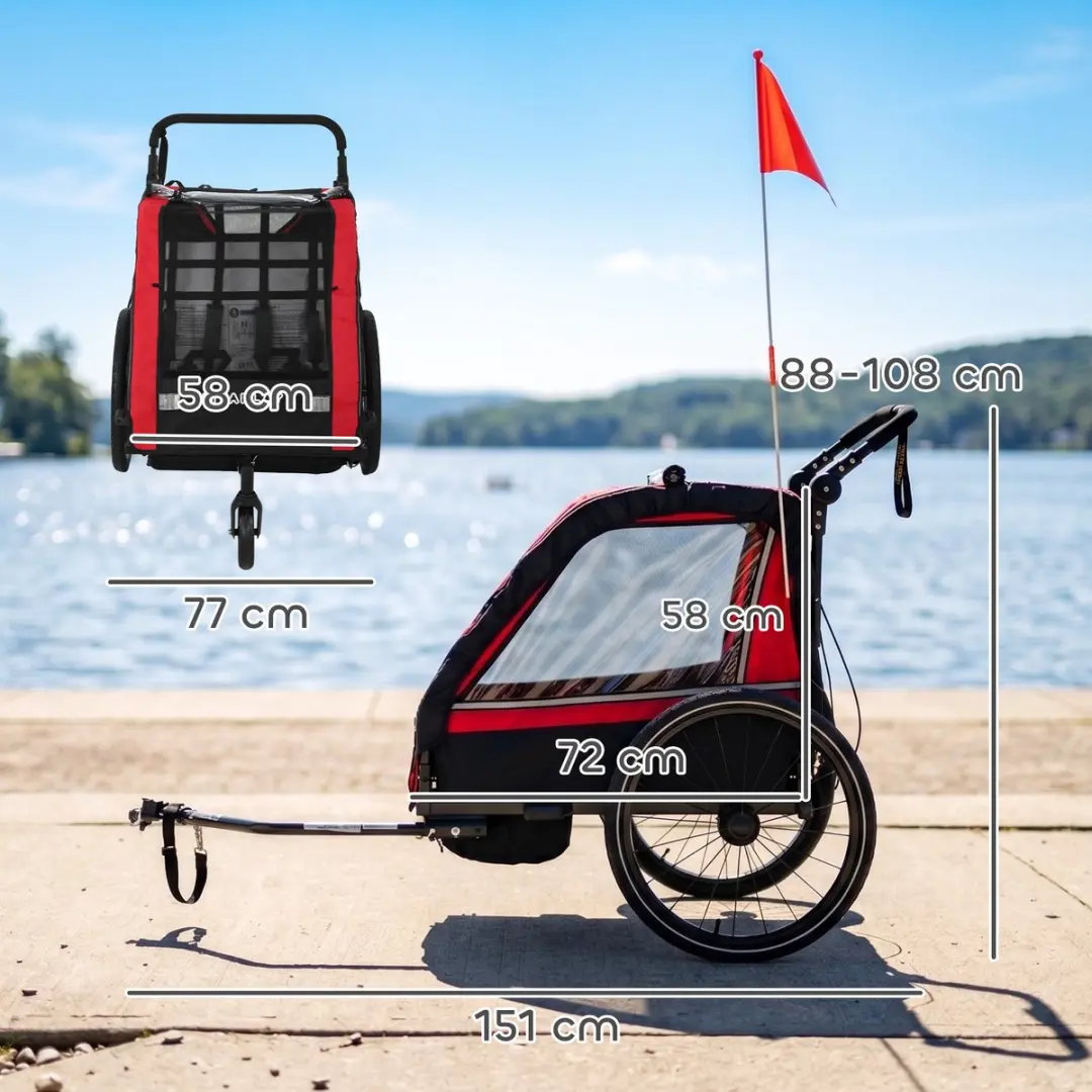 ECTEATOY KinderFietskar & Wandelwagen 2-in-1 - 2 Zitplaatsen - Rood