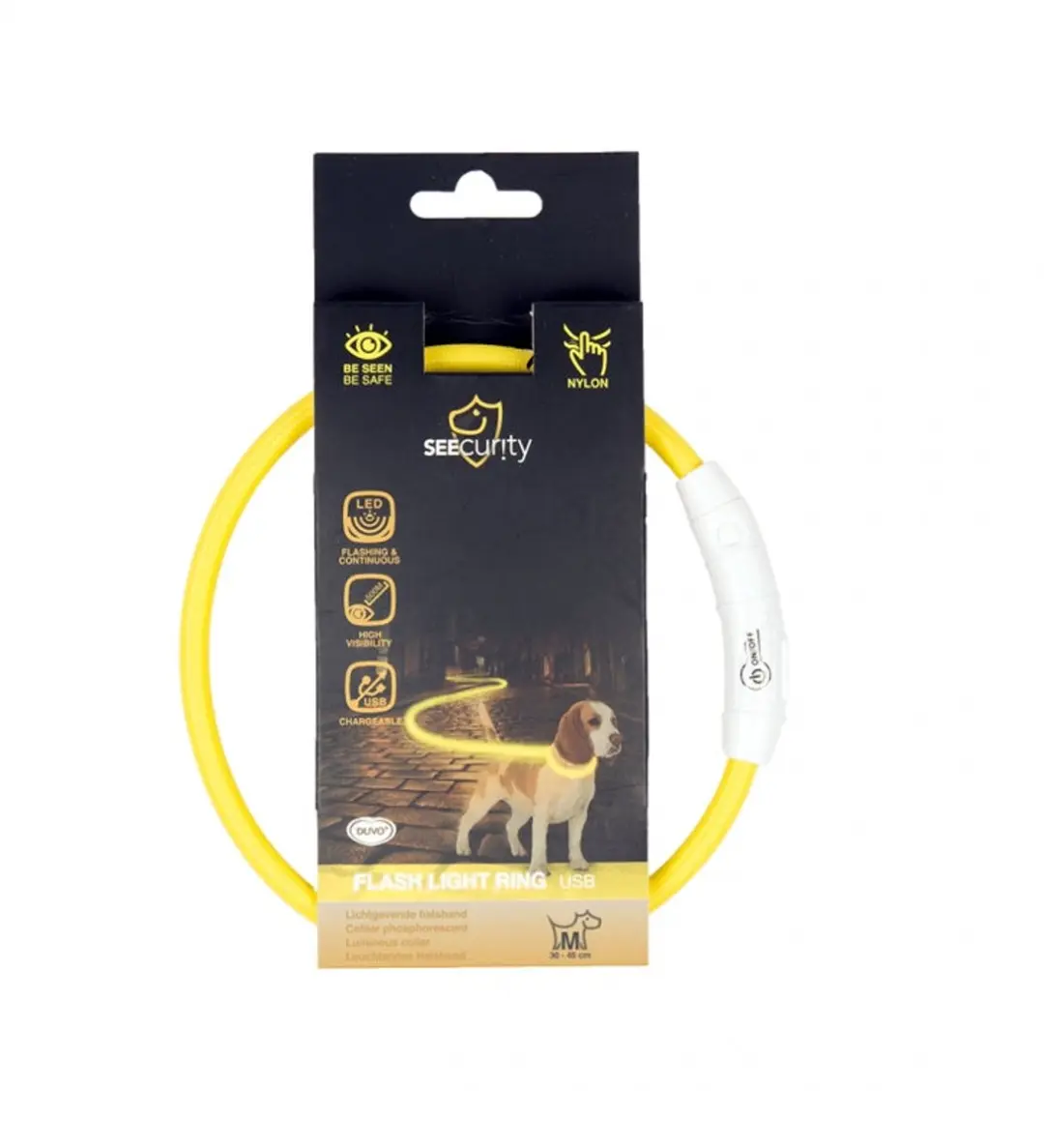 Duvo Duvoplus Halsband Hond Flash Light Ring USB Nylon 35cm Geel