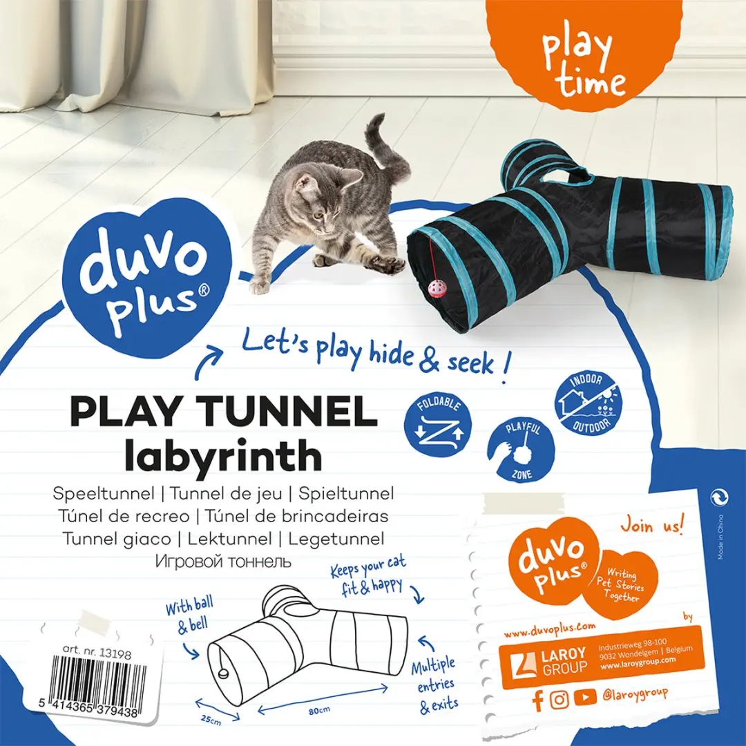 DuvoPlus Speeltunnel Labyrint Kat 80x25cm - Blauw/Zwart