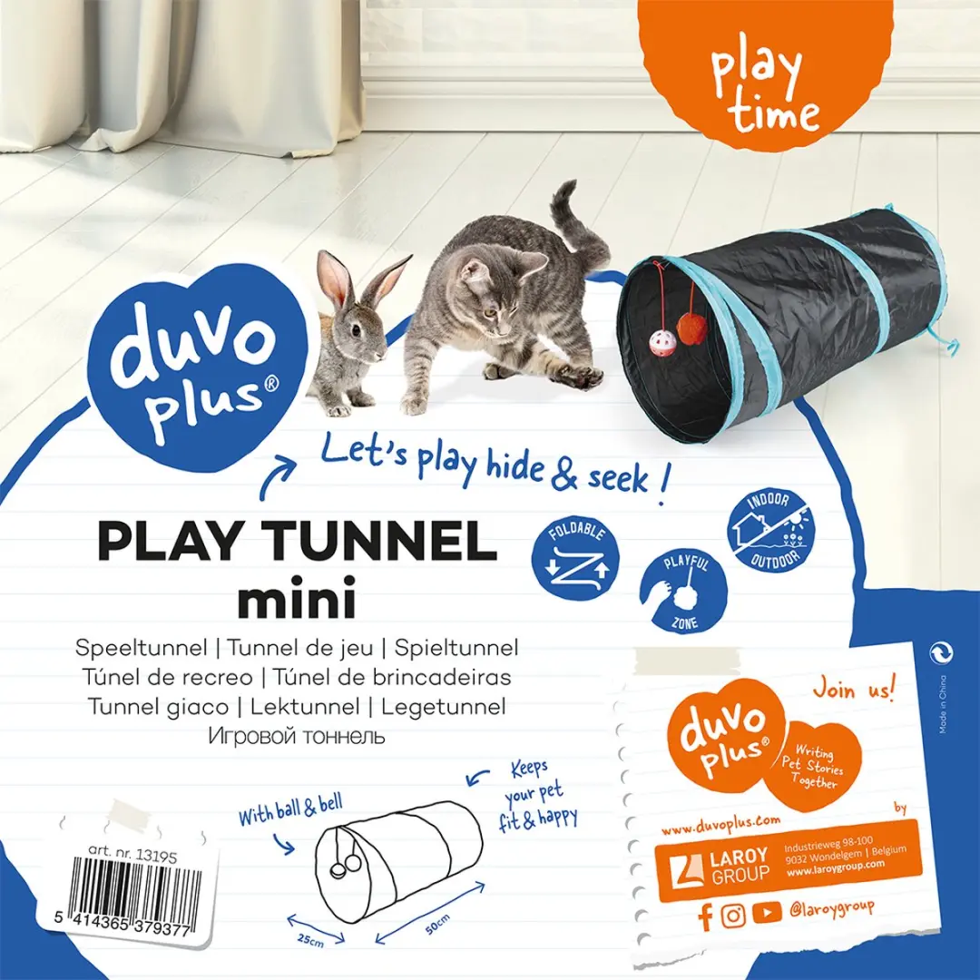 DuvoPlus Speeltunnel Mini Kat - 50x25cm - Blauw/Zwart