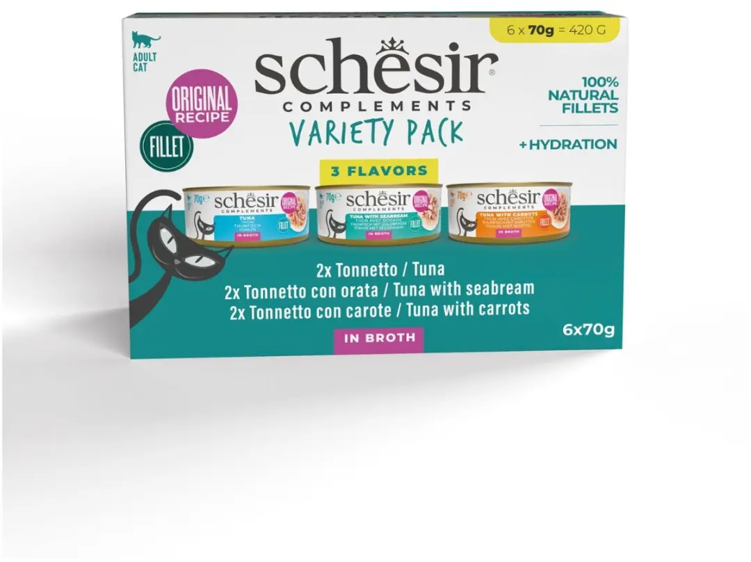 Schesir Complete In Bouillon Kattenvoer Tonijn Zeebrasem Wortel 6x70g