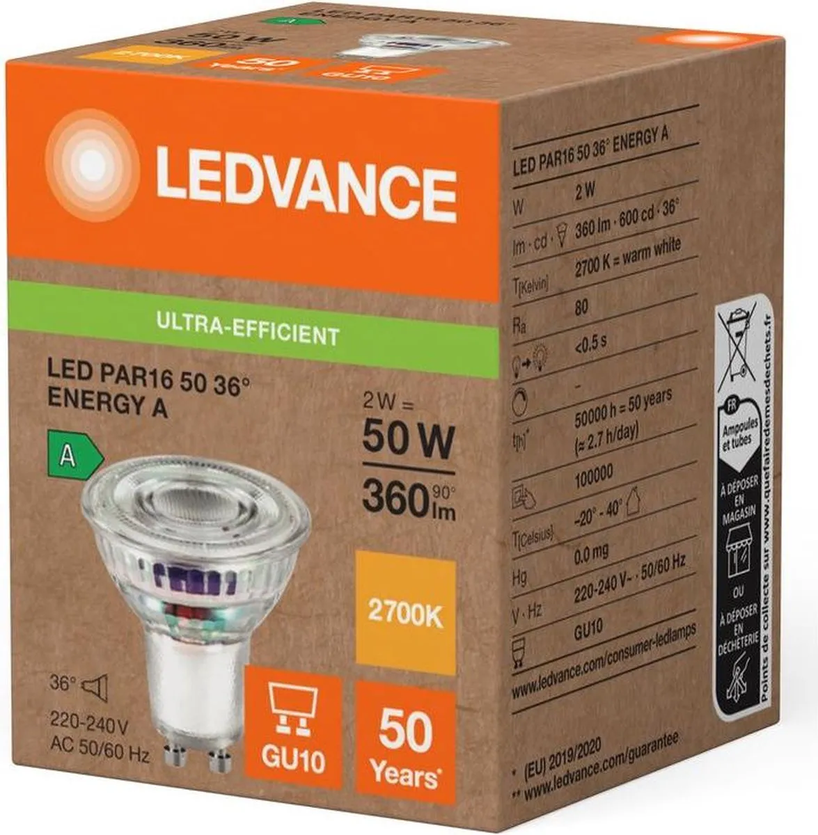 LEDVANCE PAR16 GU10 2W 360lm 36° - Zeer Warm Wit