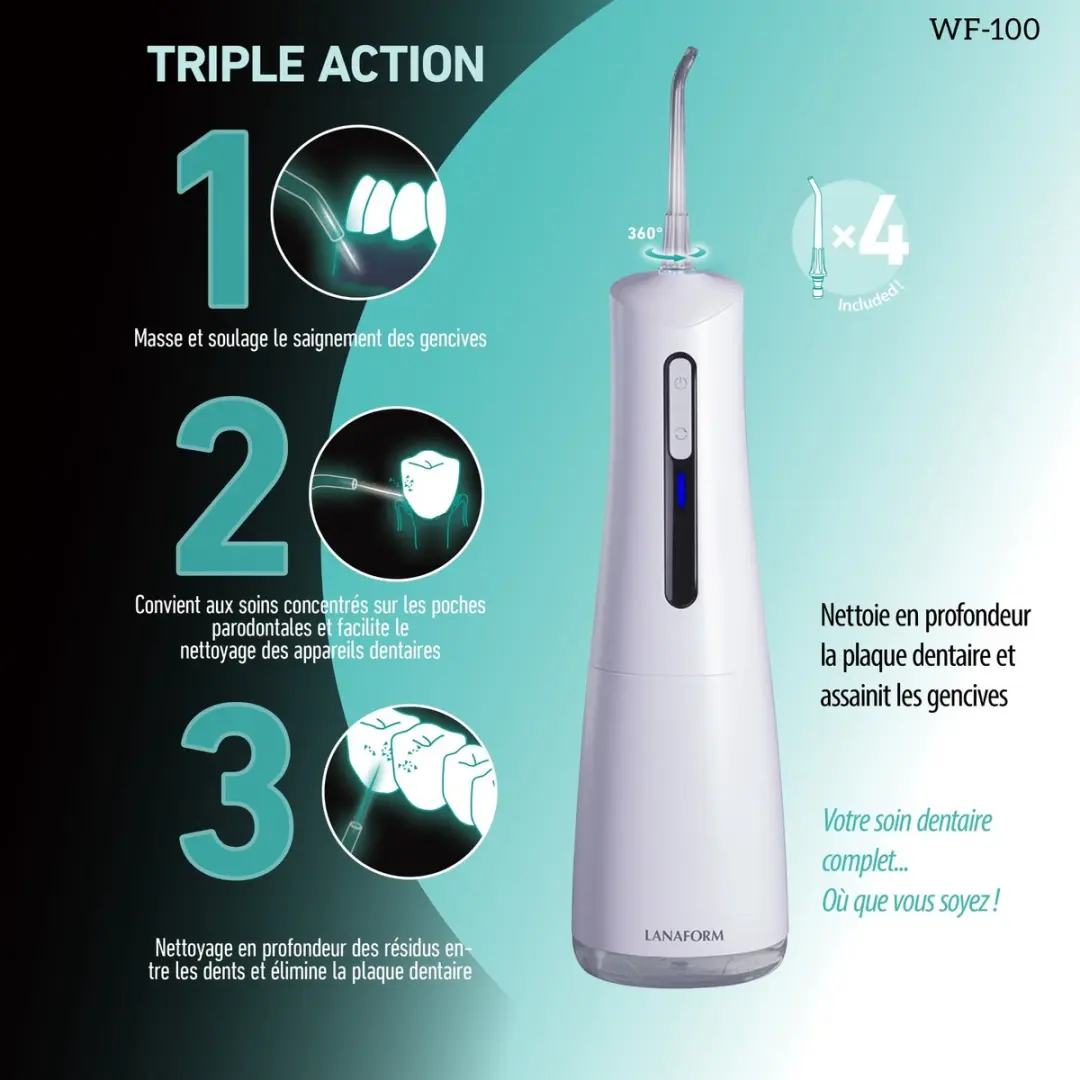 Lanaform WF-100 Hydrojet Monddouche - 300ml - 4 Snelheden - Wit