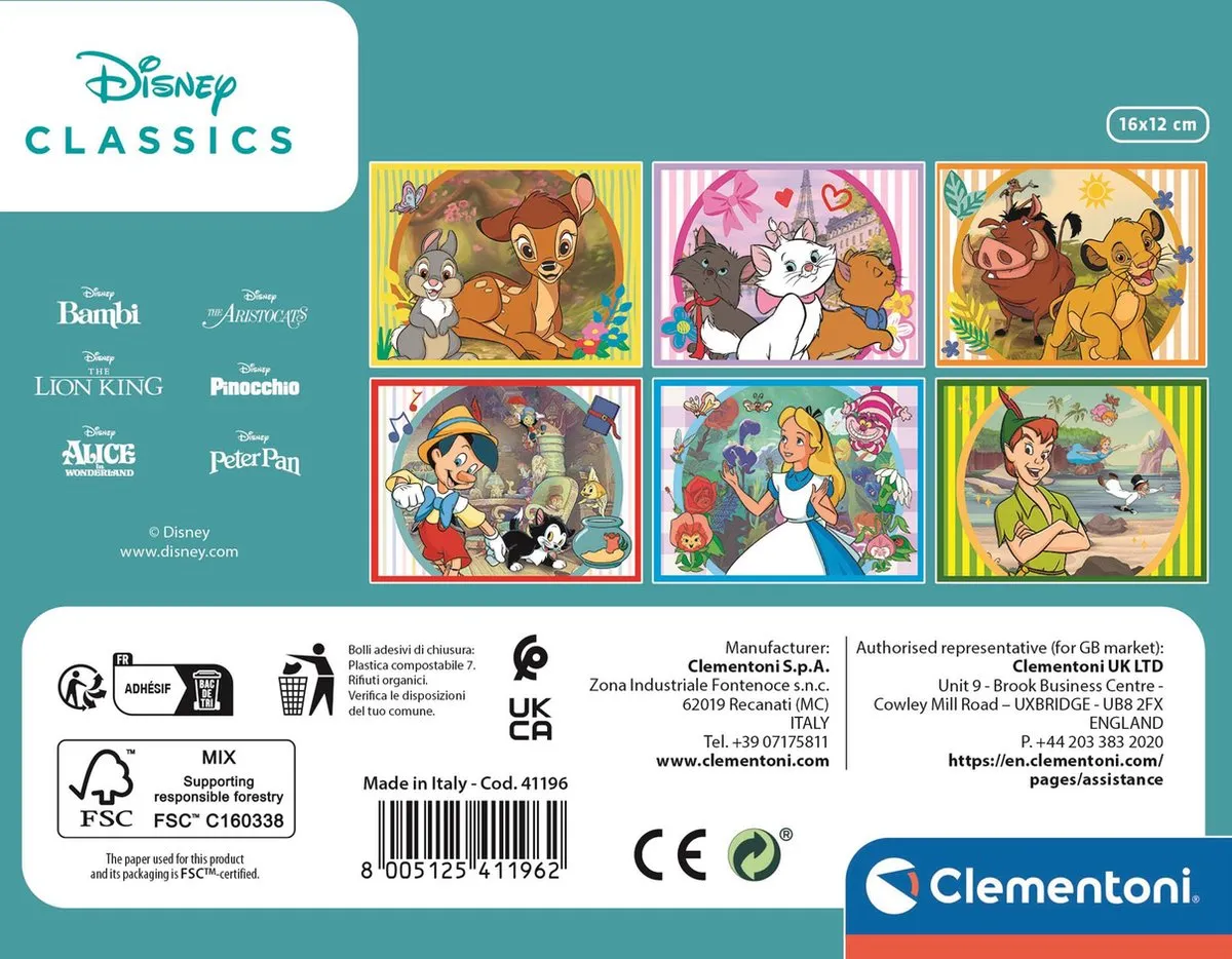 Clementoni Disney Classic 12 Blokken Puzzel - 6 Afbeeldingen - Vanaf 3 jaar