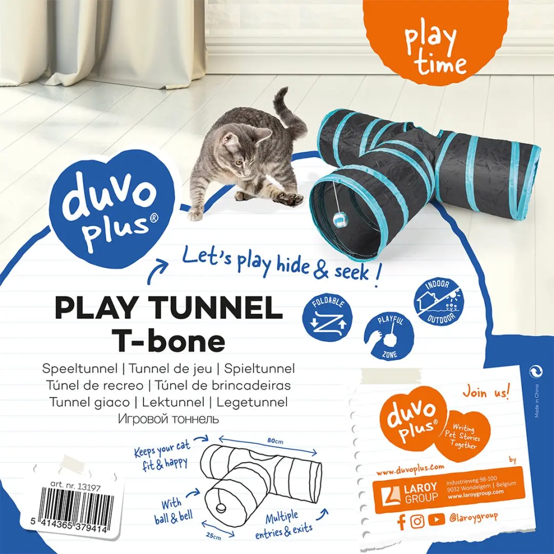 Duvo Duvoplus Speeltunnel T-bone Kat - 80x25cm - Blauw/Zwart