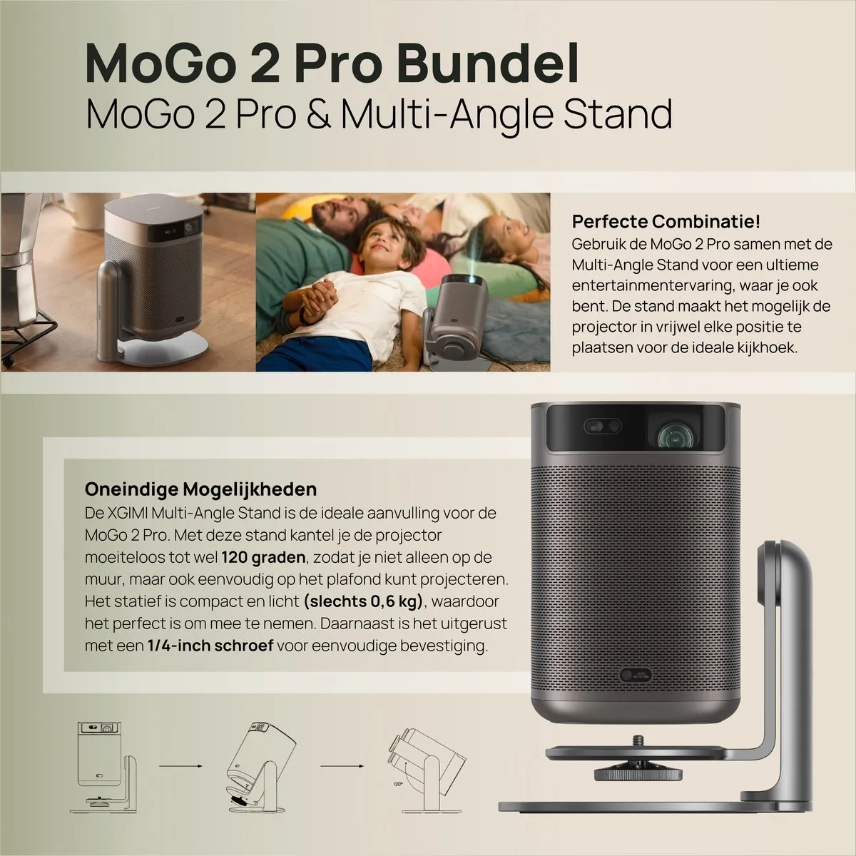 XGIMI MoGo 2 Pro Projector - Bundel met Multi-Angle Stand - 65W - Dark Silver