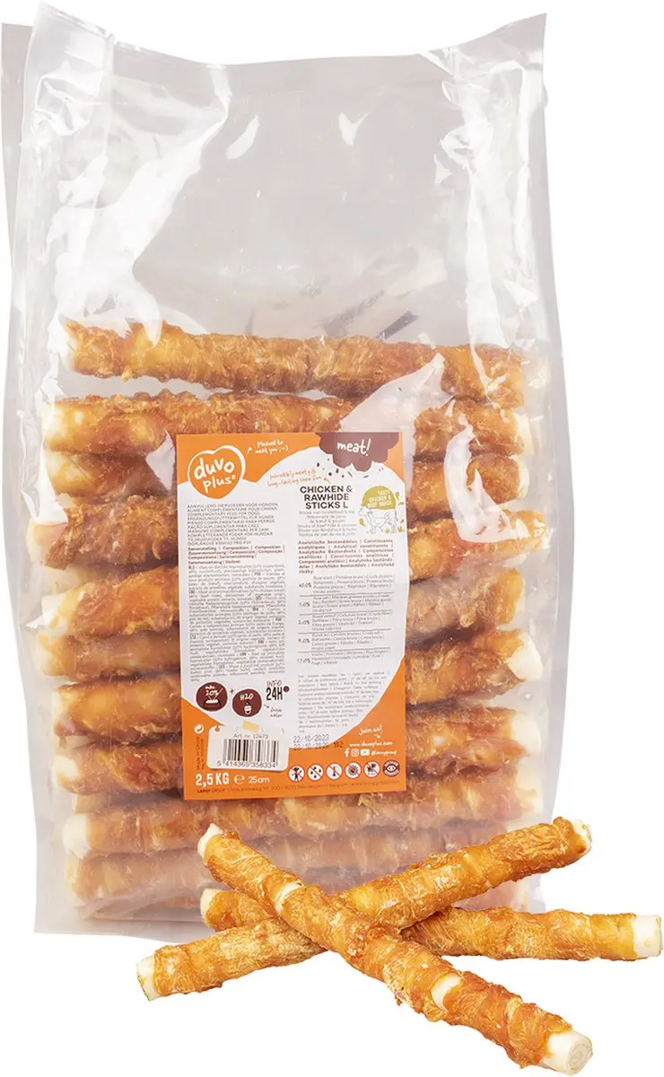 Duvo+ Meat Rawhide Sticks Kip L - 2500 gram - 23 Stuks
