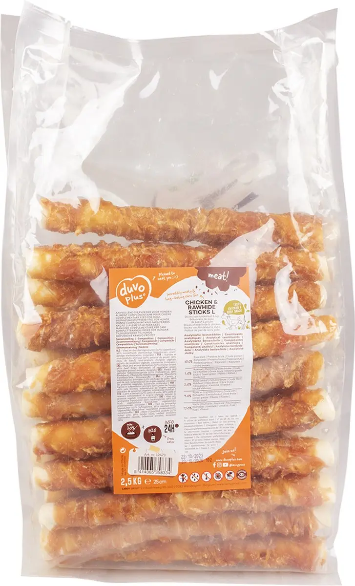 Duvo+ Meat Rawhide Sticks Kip L - 2500 gram - 23 Stuks