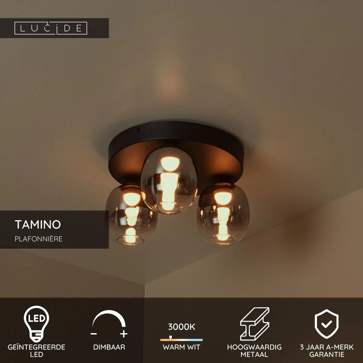 Lucide TAMINO Plafondlamp LED 17W 3000K - Zwart