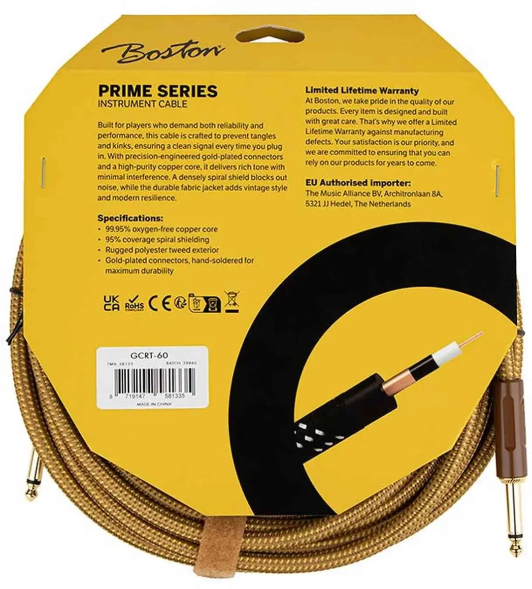 Boston GCRT-60S Instrumentkabel 6m Jack naar Silent Jack - Geel