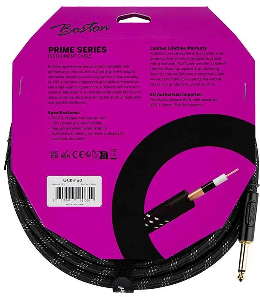 Boston GCRB-60S Instrumentkabel 6m Jack-Silent Jack - Zwart
