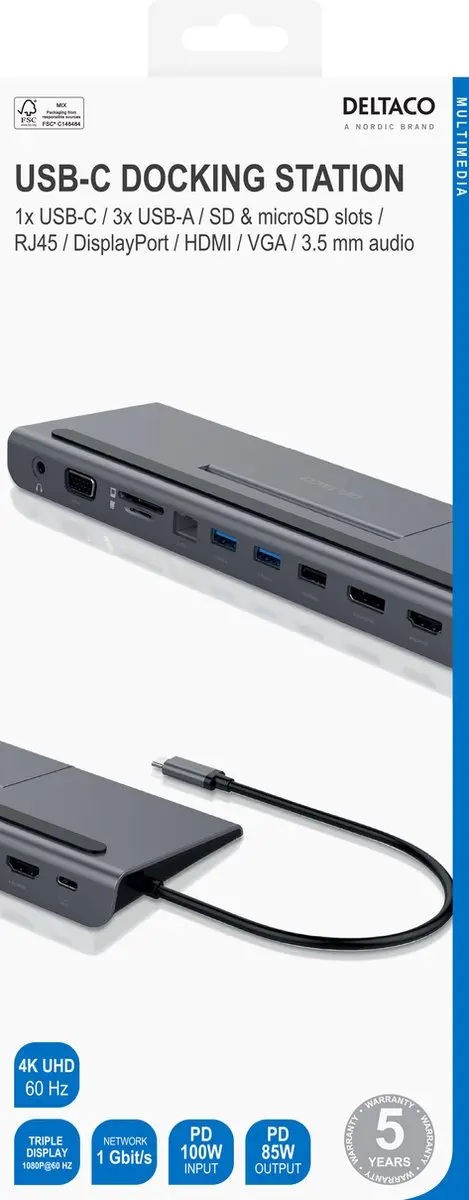 Deltaco USBC-DOCK2 USB-C Docking Station - 80W - Spacegrijs