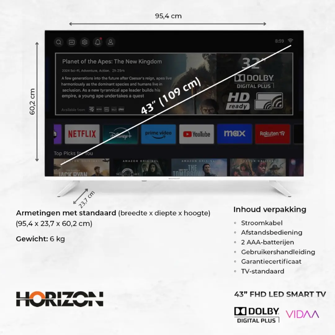 Horizon Diamant 43HL4331F/C Smart TV 43 Inch - Full HD - Wit - afbeelding 6 van 6