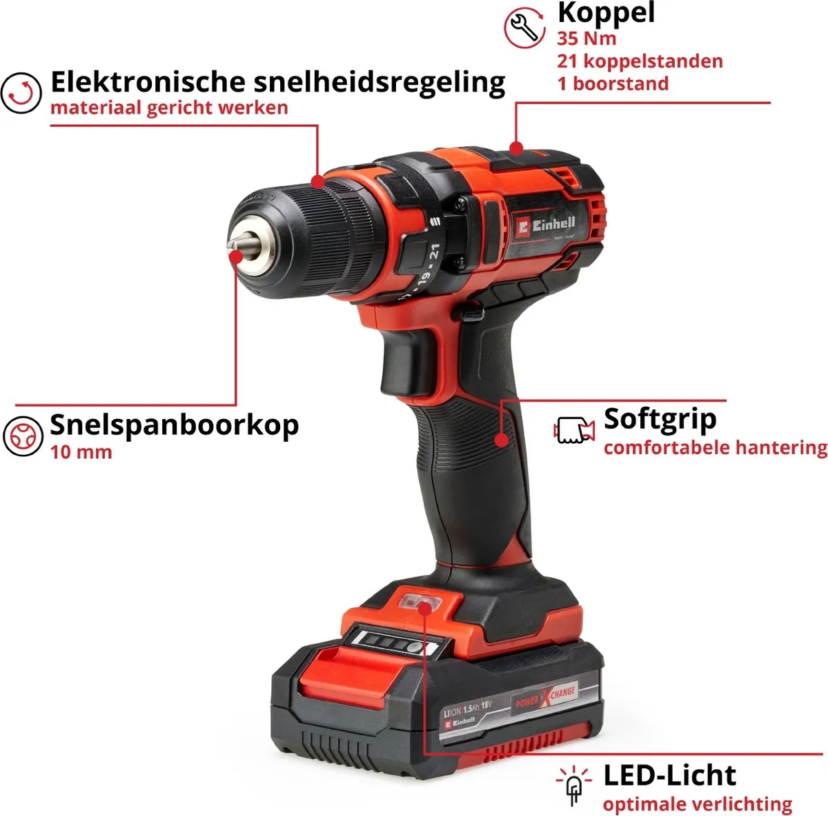 Einhell TC-CD 18/35 Li Kit Accu Boor-/Schroefmachine - 18V - 35Nm - 1x 1,5Ah