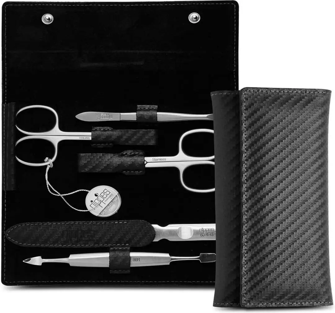 Nippes Solingen Manicure Set 5-delig - RVS Koolstof - Zwart Leer Etui