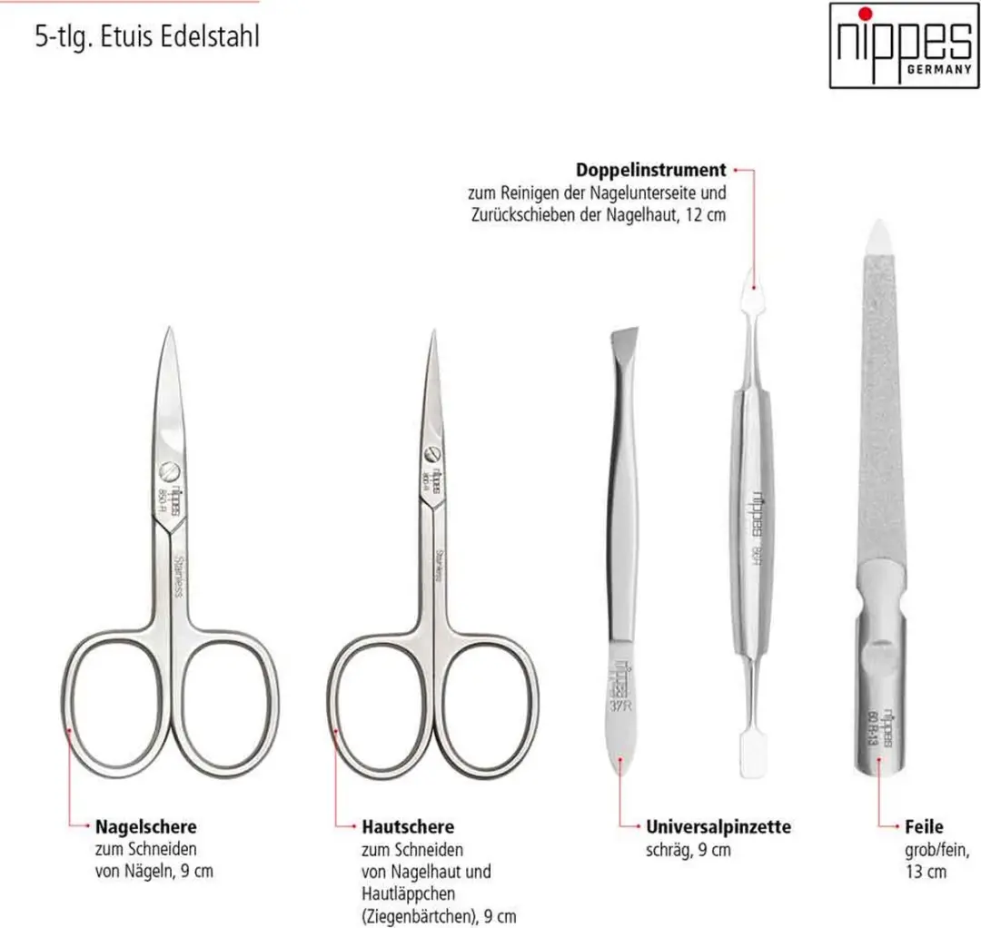 Nippes Solingen Manicure Set 5-delig - RVS Classic - Bruin Leren Etui