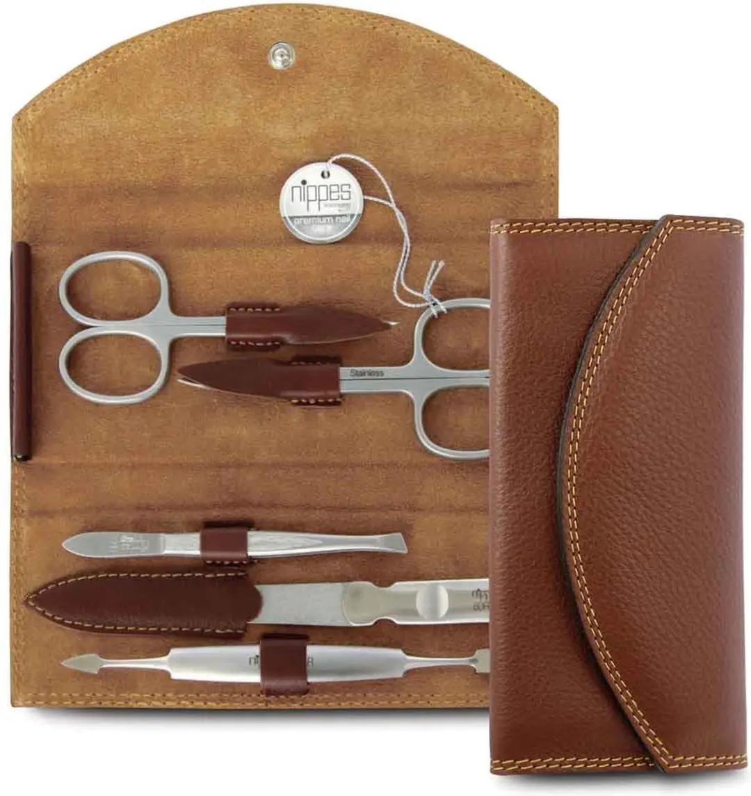Nippes Solingen Manicure Set 5-delig - RVS Classic - Bruin Leren Etui