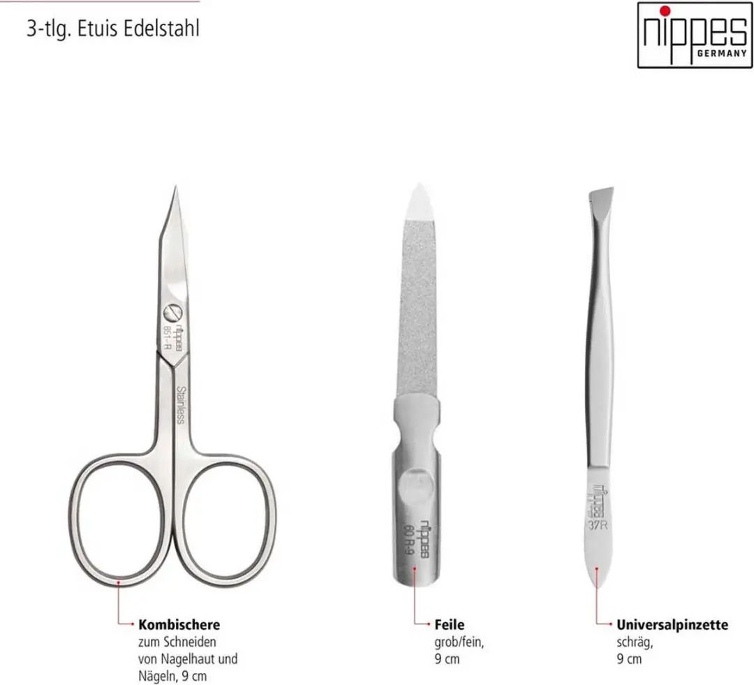Nippes Solingen Manicure Set 3-delig - RVS - Bruin Leren Etui