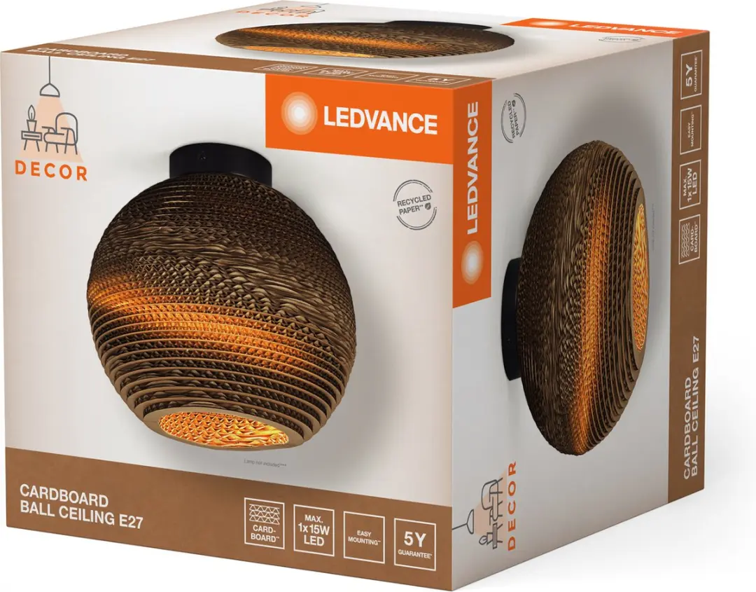 LEDVANCE Decor Cardboard Ball Plafondlamp - E27 - Ø26cm - Bruin - afbeelding 6 van 6