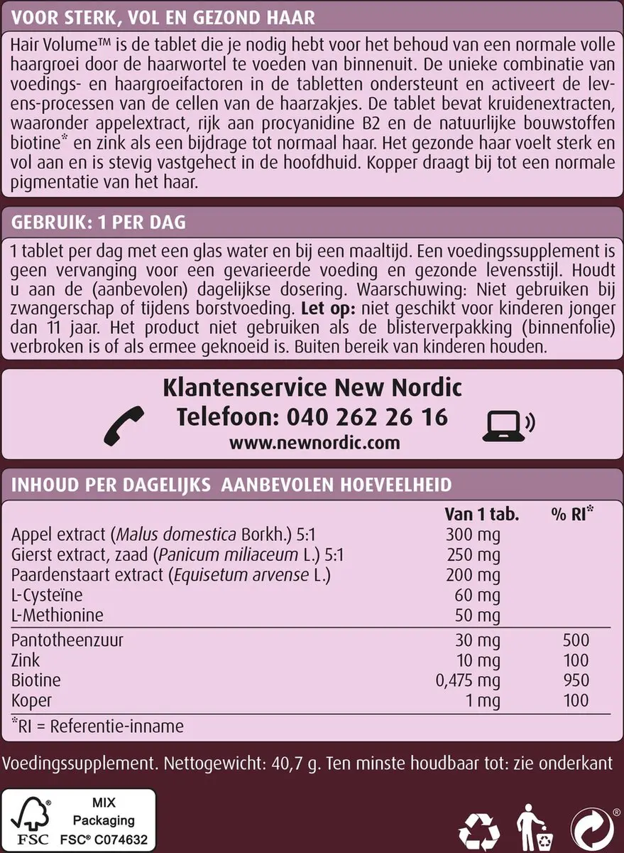 New Nordic Hair Volume Voedingssupplement 30 tabletten