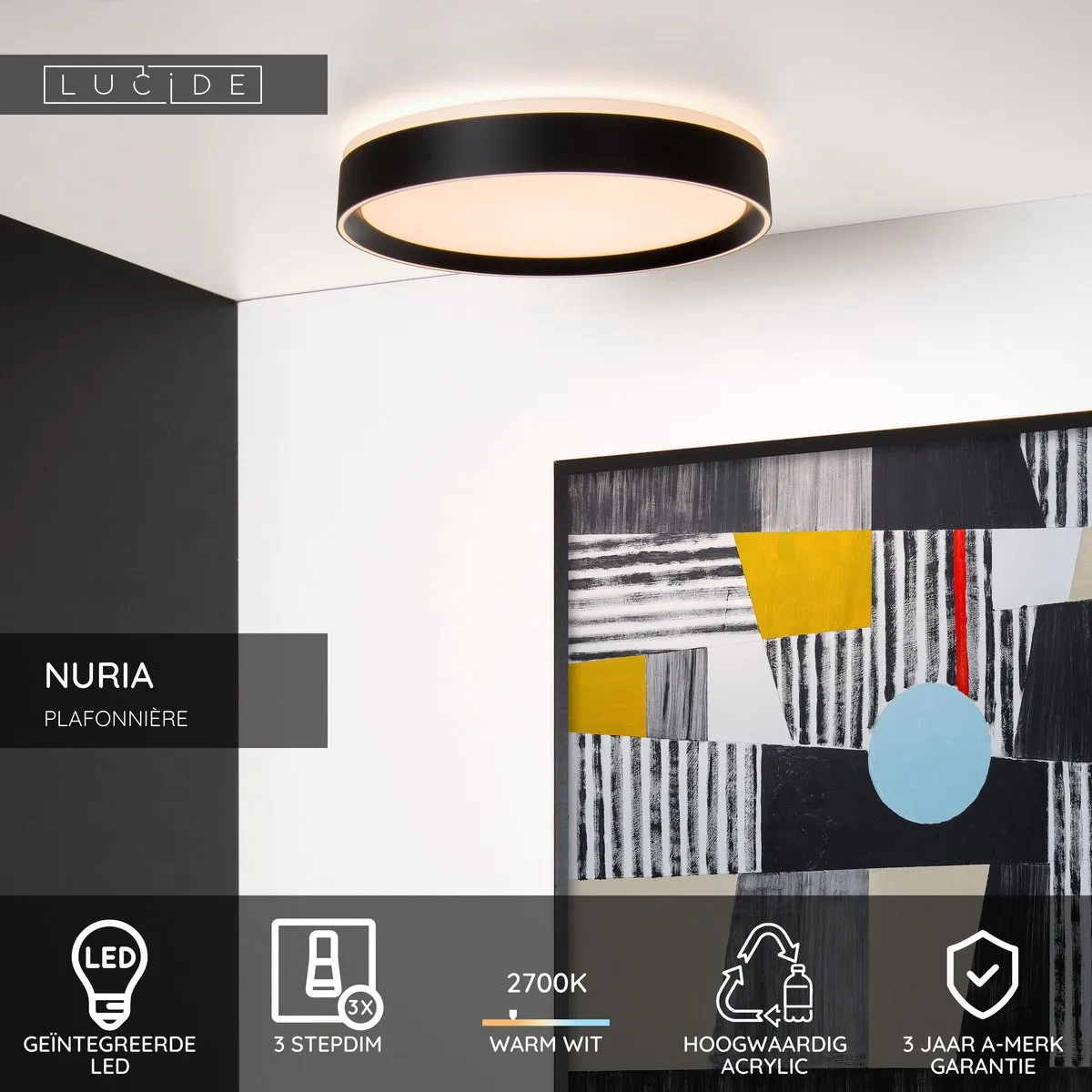 Lucide NURIA Plafondlamp Ø40cm - LED 24W 2700K - Zwart