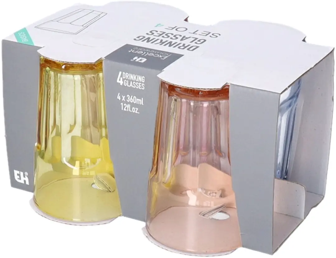 Excellent Houseware Drinkglazen 360ml - 4 Stuks - Transparant Kleurenmix