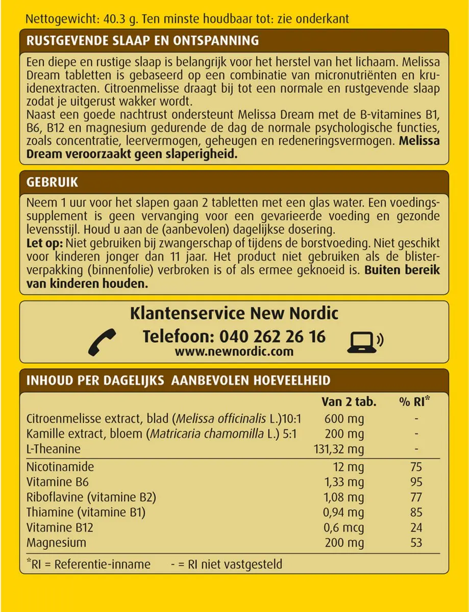 New Nordic Melissa Dream Slaaptabletten 40 Stuks