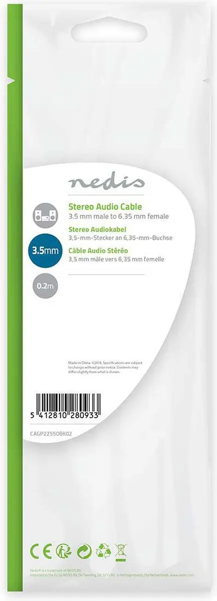 Nedis Stereo-Audiokabel 3,5mm Male - 6,35mm Female 0,20m - Zwart
