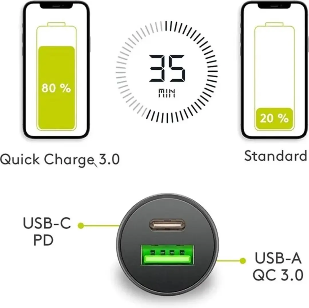 Goobay USB Autolader 27W - USB-C PD & USB-A QC - Zwart
