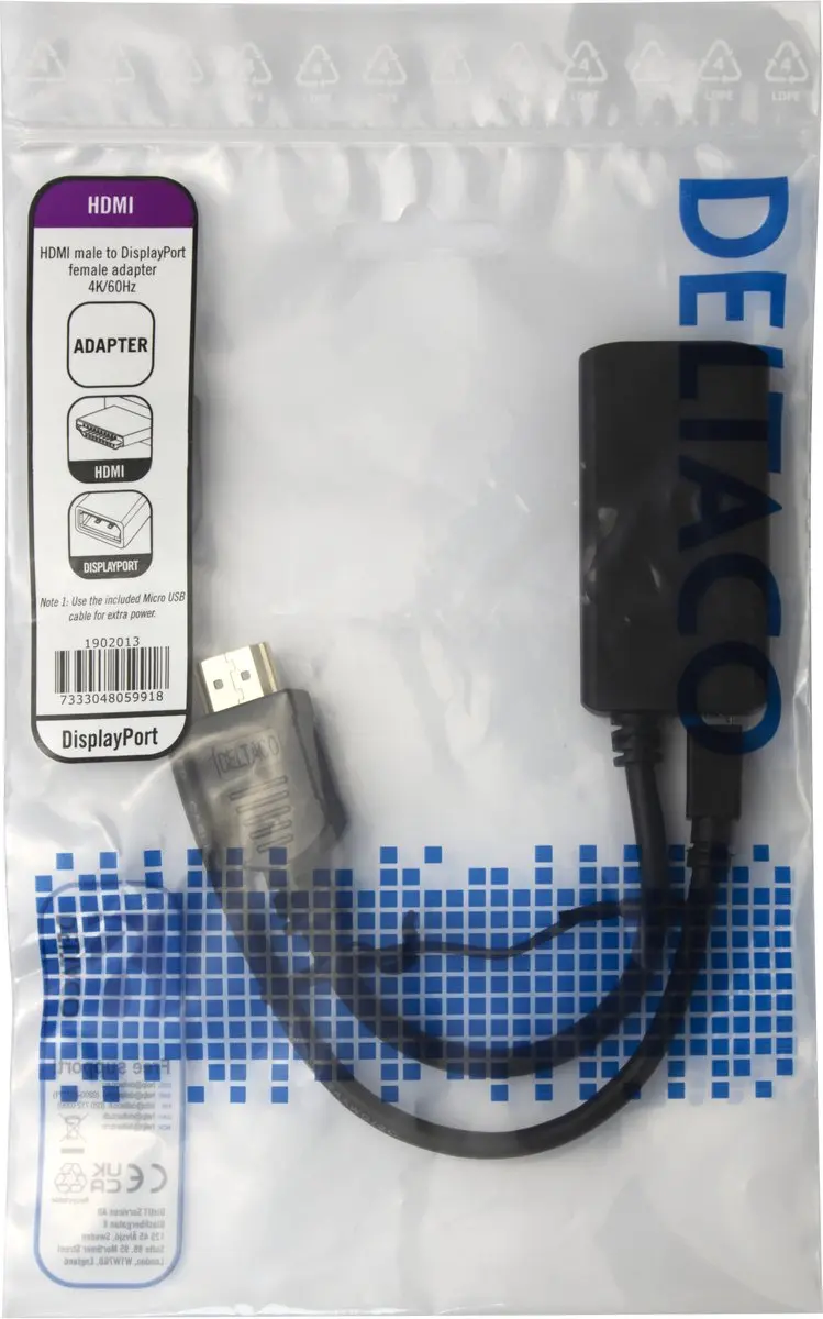 Deltaco HDMI naar DisplayPort Adapter 4K 60Hz - 20cm - USB - Zwart