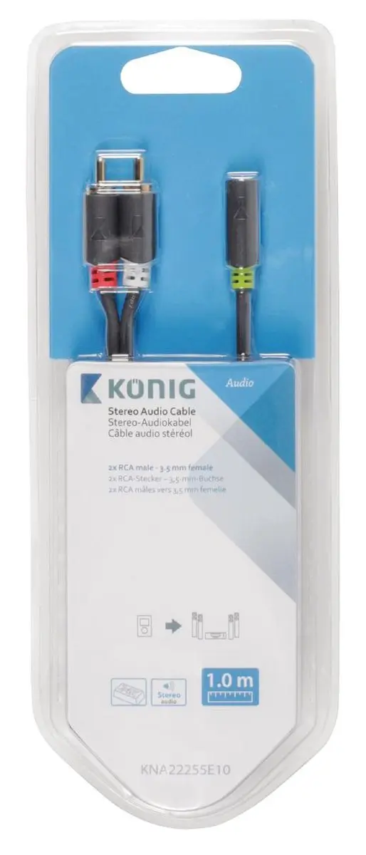 Konig Stereo Audiokabel RCA 3,5mm - 1m - Zwart - afbeelding 4 van 4