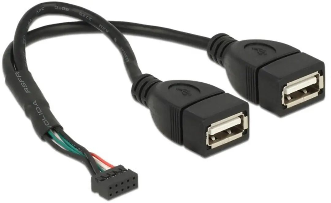 Delock USB 2.0 Pin Header Female 10-pin naar 2x USB-A - 20cm - Zwart