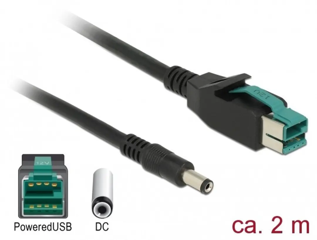 Delock PoweredUSB Kabel 12V DC 5.5x2.1mm M-M 2m - Zwart