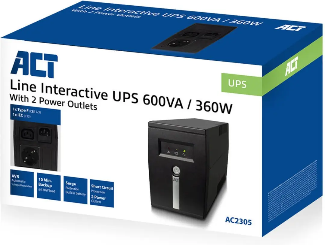ACT UPS Noodstroom AC2305 600VA/360W - Line Interactive - Zwart