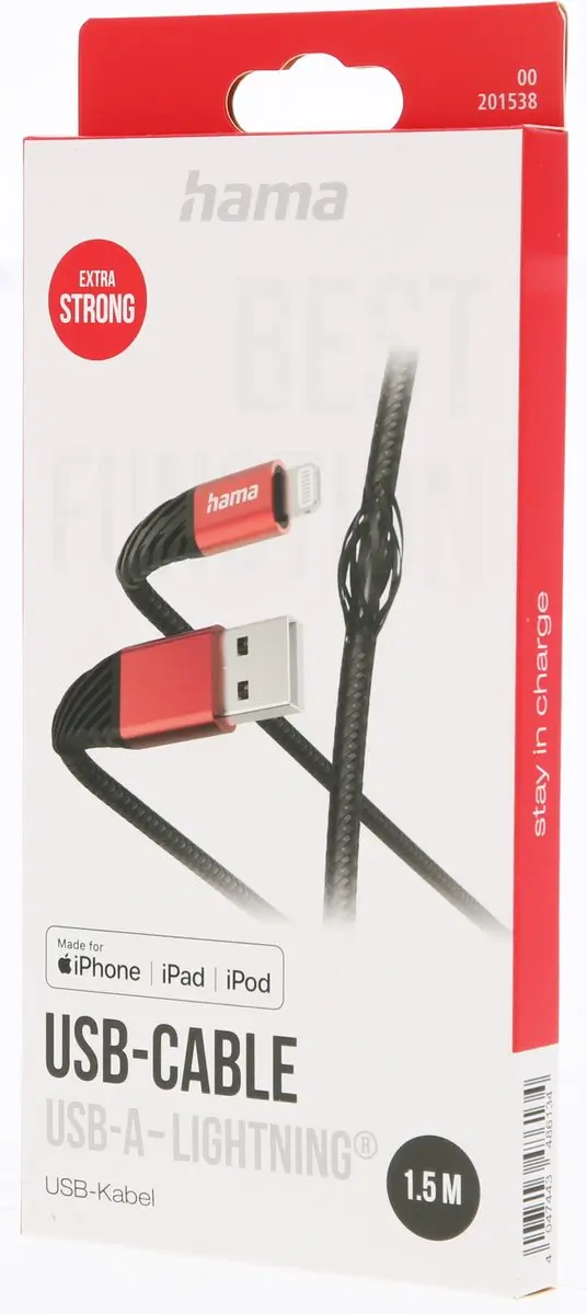 Hama Extreme USB-A naar Lightning Oplaadkabel - USB 2.0 - Zwart/Rood