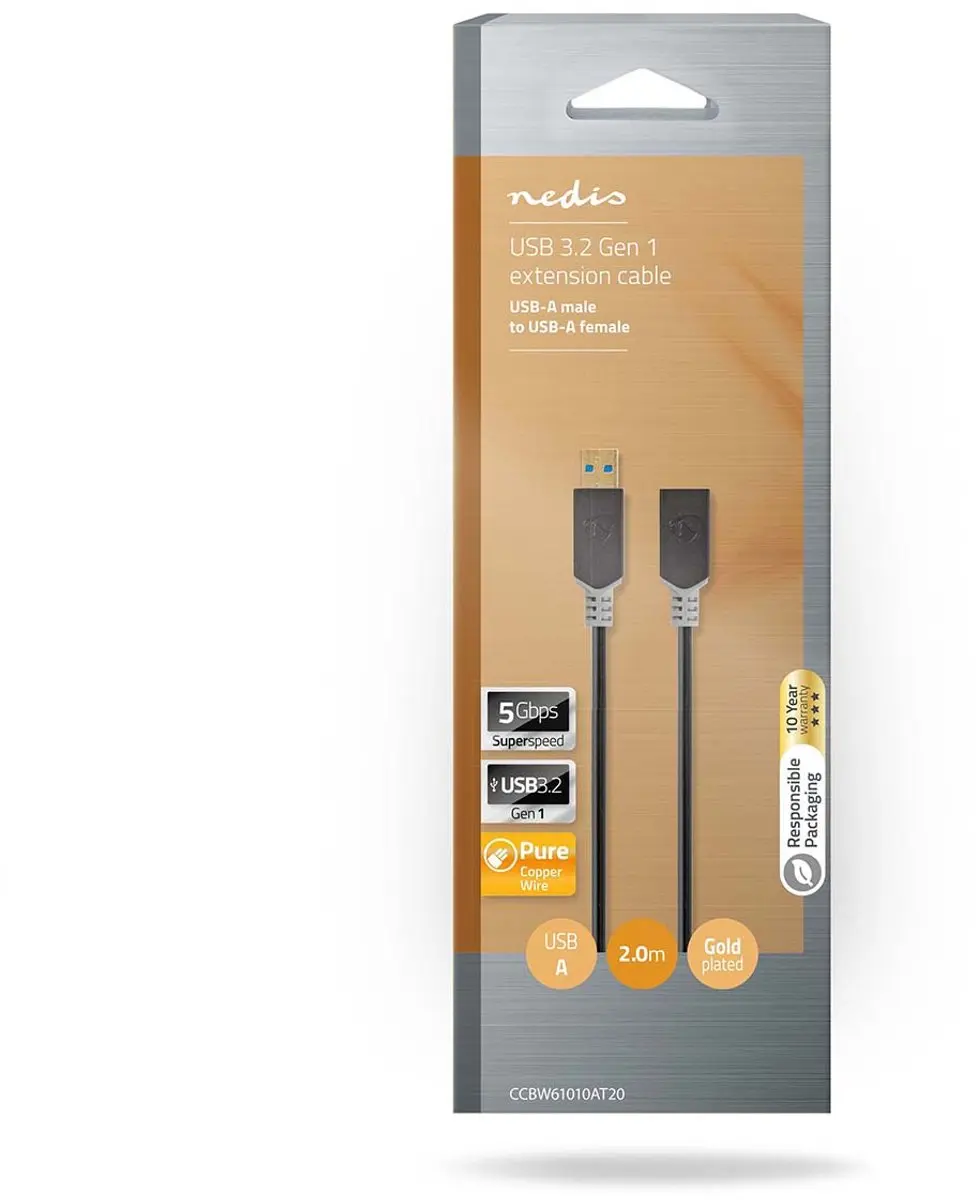 Nedis USB 3.2 Gen 1 A-A Kabel 5Gbps 2m - Verguld - Antraciet