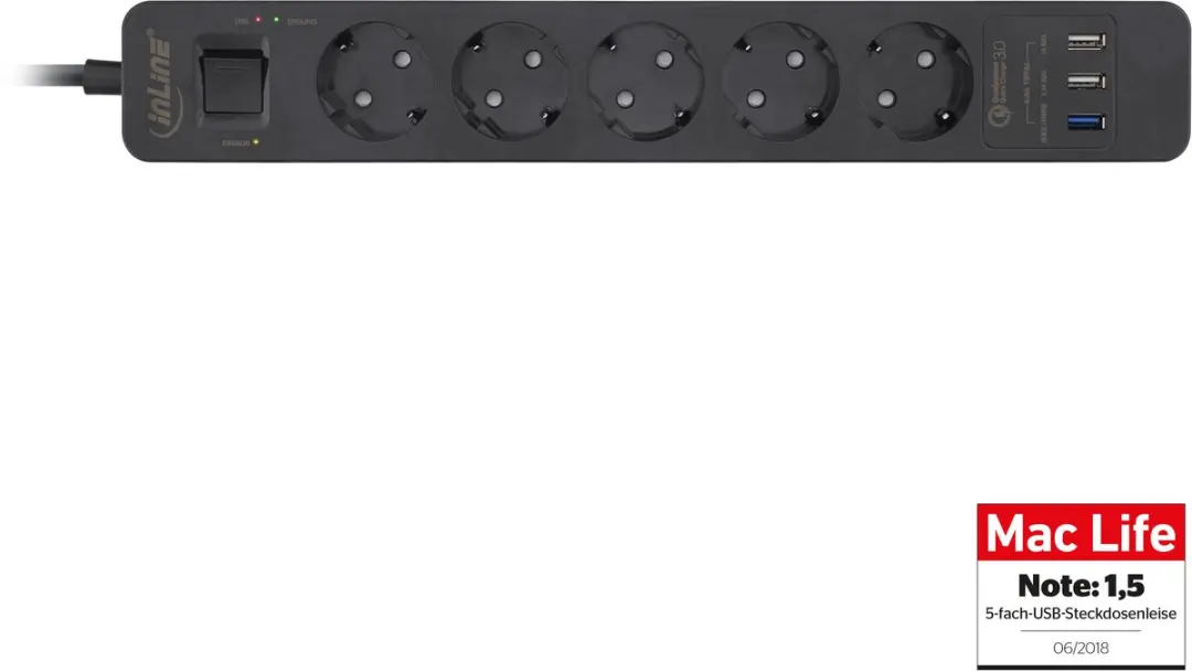 InLine Stekkerdoos 5x USB QC3.0 1,5m - Zwart