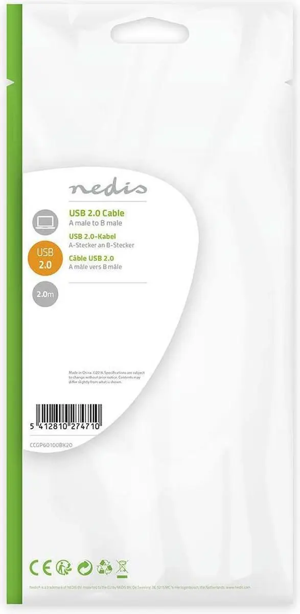 Nedis USB 2.0 A-B Kabel 2m - 10W 480Mbps - Zwart